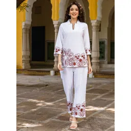 Aadews Floral Embroidered Shirt Collar Pure Cotton Tunic With Trousers-picture-17