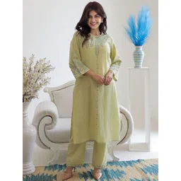 Aadews Women Ethnic Motifs Embroidered Cotton Kurta with Trousers-picture-27