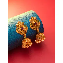 aadita Gold-Plated Gold-Toned & Red Dome Shaped Jhumkas Earrings-picture-27