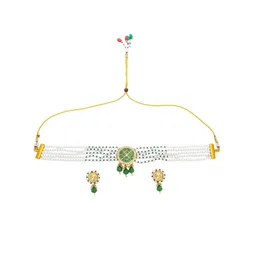 aadita Gold-Plated Kundan Stone-Studded & Pearls Beaded Jewellery Set image 3