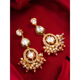 aadita Gold-Plated Kundan Studded And Pearls Beaded Contemporary Drop Earrings-image-10