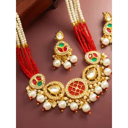 aadita Gold-Plated Kundan Studded & Pearls Beaded Jewellery Set-picture-26