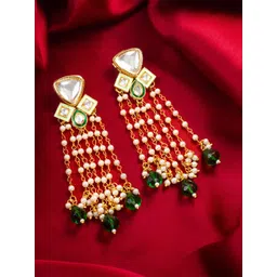 aadita Gold-Plated Kundan Studded And Pearls Beaded Tasselled Contemporary Drop Earrings-picture-34