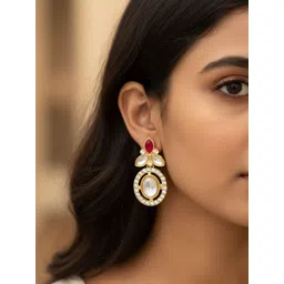 aadita Gold-Plated Kundan Studded Oval Shaped Drop Earrings-picture-16