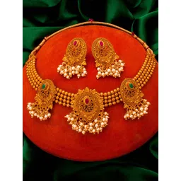 aadita Gold-Plated Pink Stone-Studded Pearls Beaded Temple Jewellery Set-picture-22
