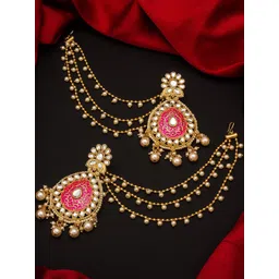 aadita Gold-Toned & Pink Teardrop Shaped Drop Earrings with Hair-chain-picture-23
