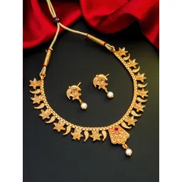 aadita Gold-Toned Pink & White Stone-Studded & Beaded Meenakari Jewellery Set-picture-19