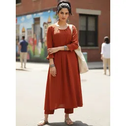 AADVIKA Round Neck Flared Sleeves Pleated A-Line Kurta With Trousers-picture-13