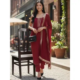 AADVIKA Scoop Neck No Sleeves Gotta Patti Straight Kurta With Trousers & Dupatta-picture-19