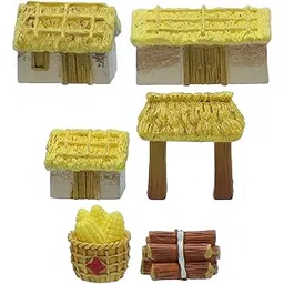 Aadyacrafts Miniature Farm House 6 Piece Set, Rustic Thatched Roof Cottages, Wooden Hut Models with Corn Basket and Log Bundle, Fairy Garden Accessories, Village Diorama Decoration, C2825-A-picture-11