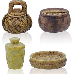Aadyacrafts Miniature Vintage Home Accessories, Rustic Woven Basket, Pottery Bowl, Decorative Jar, Wooden Tray, 4 Piece Set, Dollhouse Furniture, Fairy Garden Decor, C2558-B-picture-22