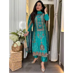 Aaghnya Ethnic Motifs Printed Round Neck Straight Kurta With Trousers & Dupatta-picture-21