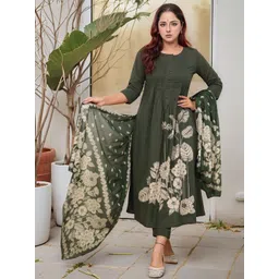 Aaghnya Floral Printed Round Neck Pleated A-line Kurta With Trousers & Dupatta-picture-26