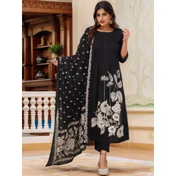 Aaghnya Floral Printed Round Neck Pleated A-Line Kurta With Trousers & Dupatta-image-44