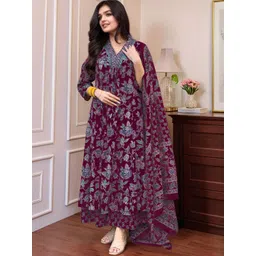 Aaghnya Women Floral Printed Regular Kurta with Palazzos & With Dupatta-image-1