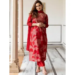 Aaghnya Women Floral Printed Regular Thread Work Kurta with Trousers & With Dupatta-image-17