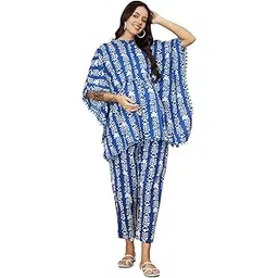aaheli Blue & White Printed Cotton Maternity Kaftaan Set with Adjustable Waist and Elasticated Pants – Comfort Fit for Pre & Post Pregnancy-picture-35