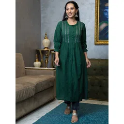 Aaheli Mirror Work Embroidered Pleated Pure Cotton Kurta With Trousers-picture-13