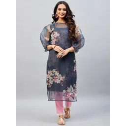 Aaheli Women Grey Floral Printed Angrakha Kurta with Pyjamas-picture-17