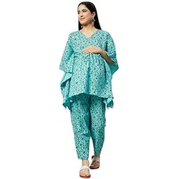 aaheli Women’s Cotton Printed Maternity Kaftan Top & Pant Set – Soft Turquoise, Comfortable & Stylish Pregnancy Wear (XXL)-picture-50