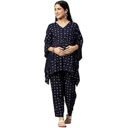 Women's Rayon Printed Maternity Co-ord Set with Short Kaftan Top & Straight Pants | Comfortable Pregnancy & Postpartum Outfit | Navy Blue – L-image-23