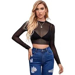 aahwan Mesh Long Sleeve Sheer Slim Fit Without Bra Crop Top for Women's & Girl's-picture-23
