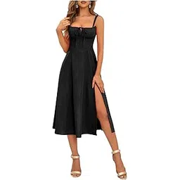 aahwan Solid Lace Up Backless Ruched Boning Spaghetti Strap Slim Fit Long Cami Dress for Women's & Girl's-picture-12