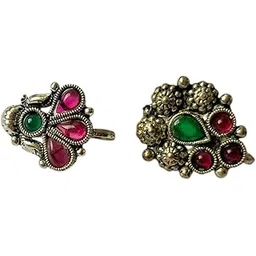 aaiku Combo Antique Maharashtrian Nath | Traditional Oxidized Silver Nose Ring with Red & Green Stones | Pressing Style Bridal Nose Ring for Women-picture-39