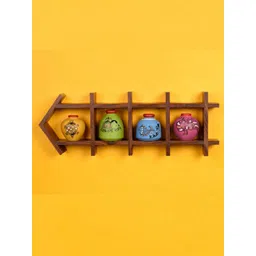 AAKRITI ART CREATIONS 5 Pcs Brown Wood Pocket Wall Shelf With Madhubani Pot-picture-10