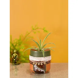 AAKRITI ART CREATIONS Brown & Green Printed & Embellished Clay & Jute Earthen Planter-picture-36