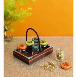 aakriti art creations Brown Glass and Wood 6 Pcs Condiment Jars with Stand-picture-23