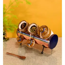 aakriti art creations Chatore Blue and Natural Glass and Wood 3Pcs Storage Jar with Stand-picture-22