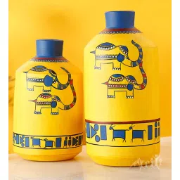 aakriti art creations Happy Elephant Madhubani (Set Of 2) Yellow Terracotta Table Vase-picture-35