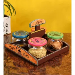 aakriti art creations Madhubani Natural Brown Glass and Wood 4 Pcs Condiments Jars with Tray-picture-12