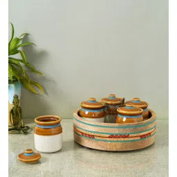 aakriti art creations Multicolor Ceramic and Wood 5 Pcs Storage Jar with Spoon & Tray-picture-36