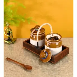 aakriti art creations Natural Brown Glass and Wood 2 Pcs Condiment Jars with Tray-picture-13