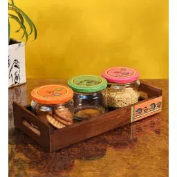 aakriti art creations Natural Brown Glass and Wood 3 Pcs Condiment Jars With Tray-picture-29