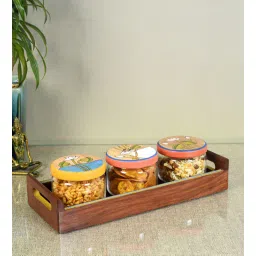 aakriti art creations Pichhwai Leela Multicolor Glass and Wood 3 Pcs Condiment Jars With Tray-picture-28
