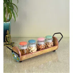 aakriti art creations Pichhwai Leela Yankee Multicolor Glass and Wood 4 Pcs Condiment Jars With Stand-picture-32