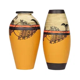 AAKRITI ART CREATIONS Vase Earthen Yellow Madhubani with Fish Motifs (Set of 2)-image-16