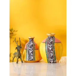 AAKRITI ART CREATIONS Yellow 2 Pieces Earthen Madhubani Printed Vases-picture-24