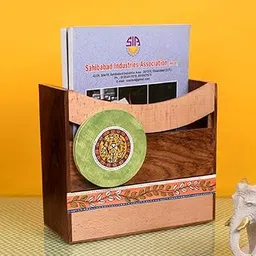 AAKRITI ART CREATIONS Madhubani Hand Carved Wooden Brown Magazine Holder for Home, Decorative Magazine Document Rack for Office-picture-11