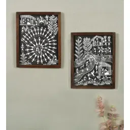 The Life Of Warli Painting & Tribal Marriage Black Wood & Metal (Set of 2) Painting by Aakriti Art Creations-picture-12