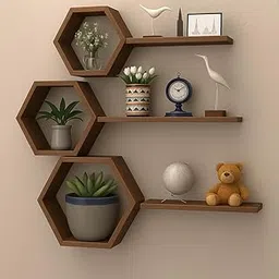 AALIYA MART Wooden Honeycomb Floating Wall Shelves - Wall Mounted 6 Pieces Decorative Wall Shelf | Display Shelves for Books, Plants | Wall Decor Shelves for Living Room, Bedroom, Offices (Brown)-picture-10