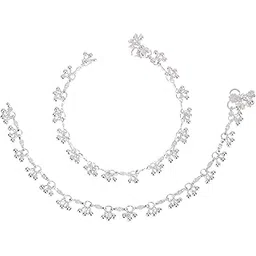 aanyacentric Indian Traditional White Metal Anklets Payal Pair for Women Girls Fancy Collection Attached Ghungroo Fashion Designer Barefoot Foot Jewellery-picture-45