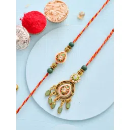Aapno Rajasthan Elegant Kundan Meena Crafted Bhaiya Bhabhi Rakhi Set with Hanging Lumba Beads-picture-23