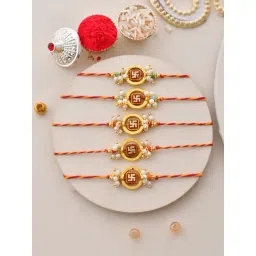 Aapno Rajasthan Gold Swastik Bead Work Set of 5 Rakhi-picture-44