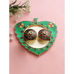 Aapno Rajasthan Green & Gold-Toned Traditional Style Paan Leaf Shape Pooja Thali-picture-30