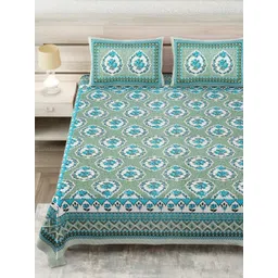 Aapno Rajasthan White & Blue Ethnic Motifs 144 TC King Bedsheet with 2 Pillow Covers-picture-23