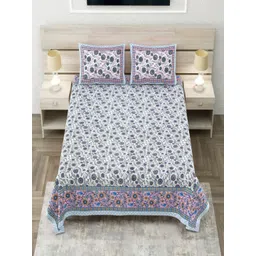 Aapno Rajasthan White & Blue Floral 144 TC King Bedsheet with 2 Pillow Covers-picture-19